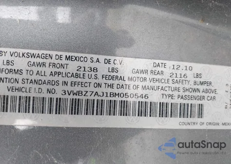 2011 Volkswagen Jetta 2.5L Se z USA, uszkodzony, nr VIN 3VWBZ7AJ1BM050546